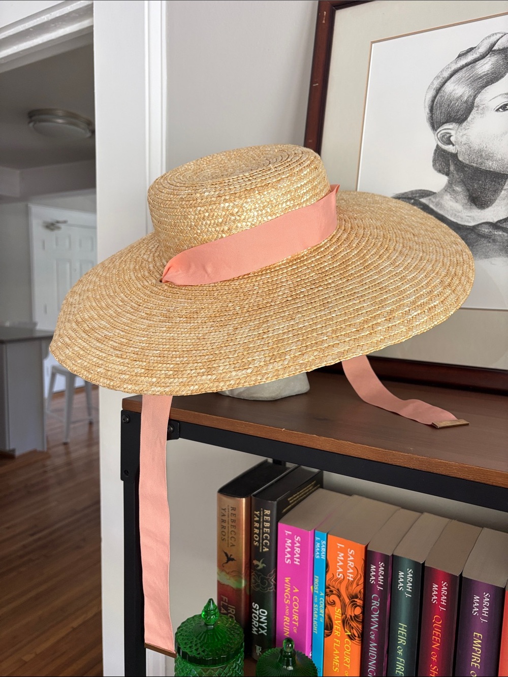 Anthropologie Straw Boater Hat with Coral Ribbon Tie